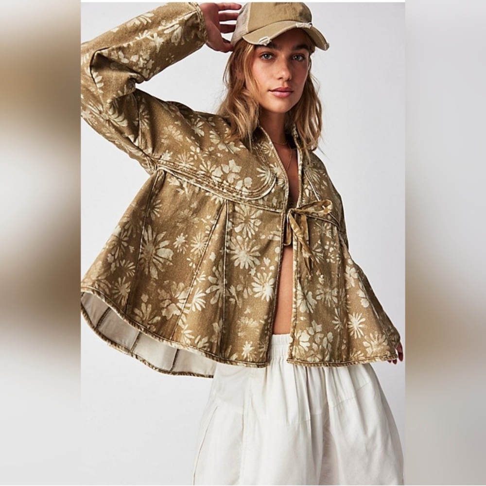 Free People Floral Olive Green Cape Jacket
